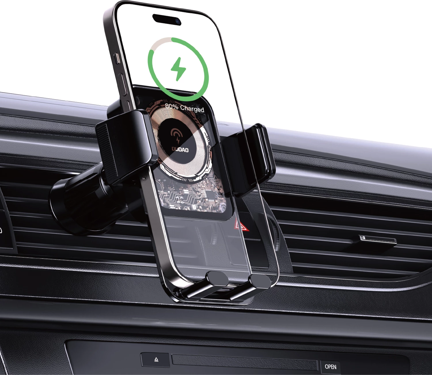 Mbajtës makine me karikues me valë 15W, Dudao F19, krah i rregullueshëm, montim panel/ventilim, zi