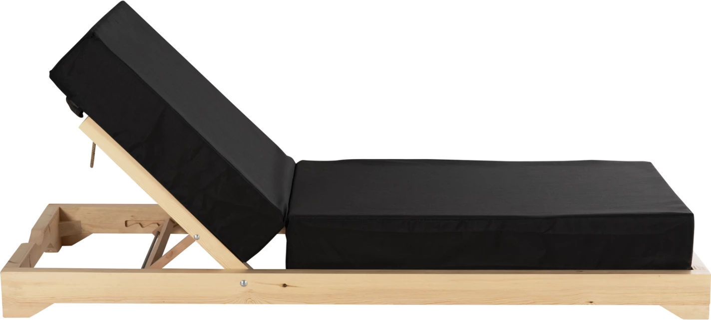 Shezlong plazhi i ulët IKARIA, dru pishe, ngjyrë natyrale, tekstilene e zezë, jastëk 20 cm i trashë