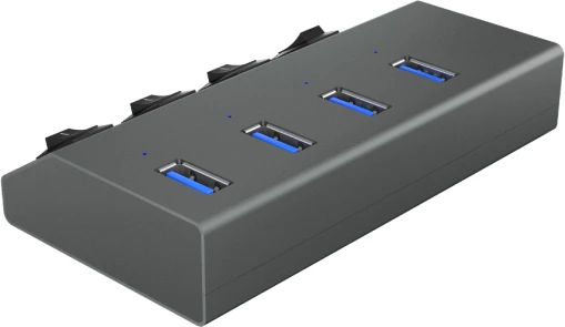 Hub USB ICYBOX IB-HUB1405, 4x USB-A 3.0, switch individual për secilin port, BC 1.2 karikim 2.4A, i furnizum me adaptor rryme, 5 Gbit/s, antracit, set me kabllo & adaptor