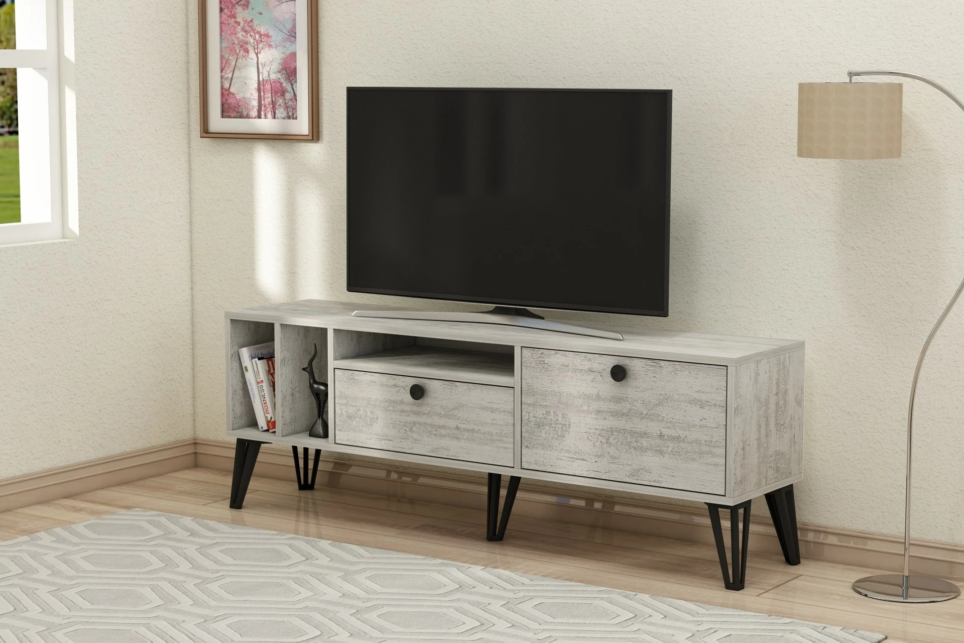 Komodë për TV Hanah Home, Aris - Crystal, ngjyrë gri dhe e bardhë