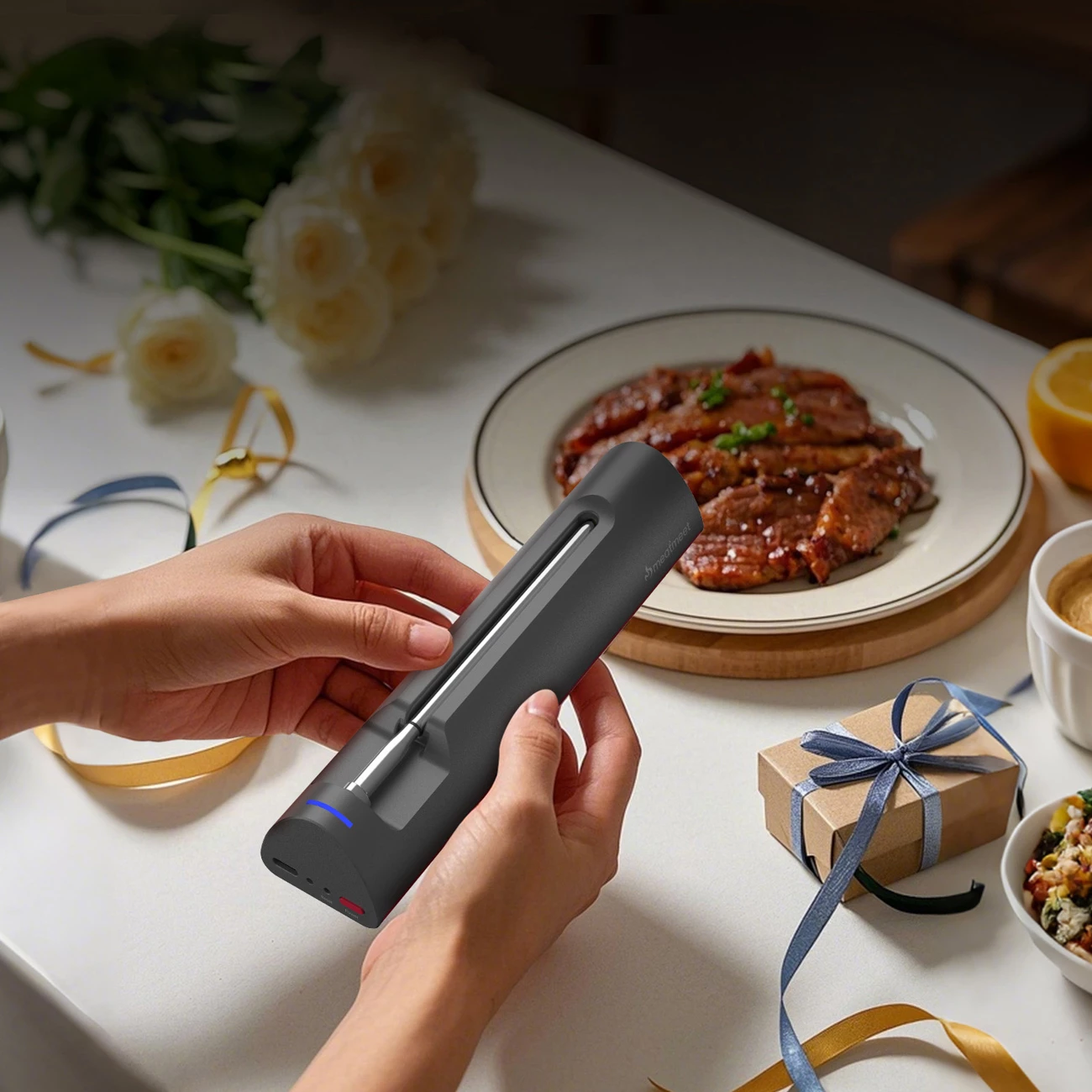 Termometër kuzhine me Bluetooth, Meatmeet S Pro, sondë pa kabllo çelik inox IP69, saktësi ±0.1°C, rreze 120 m, gri