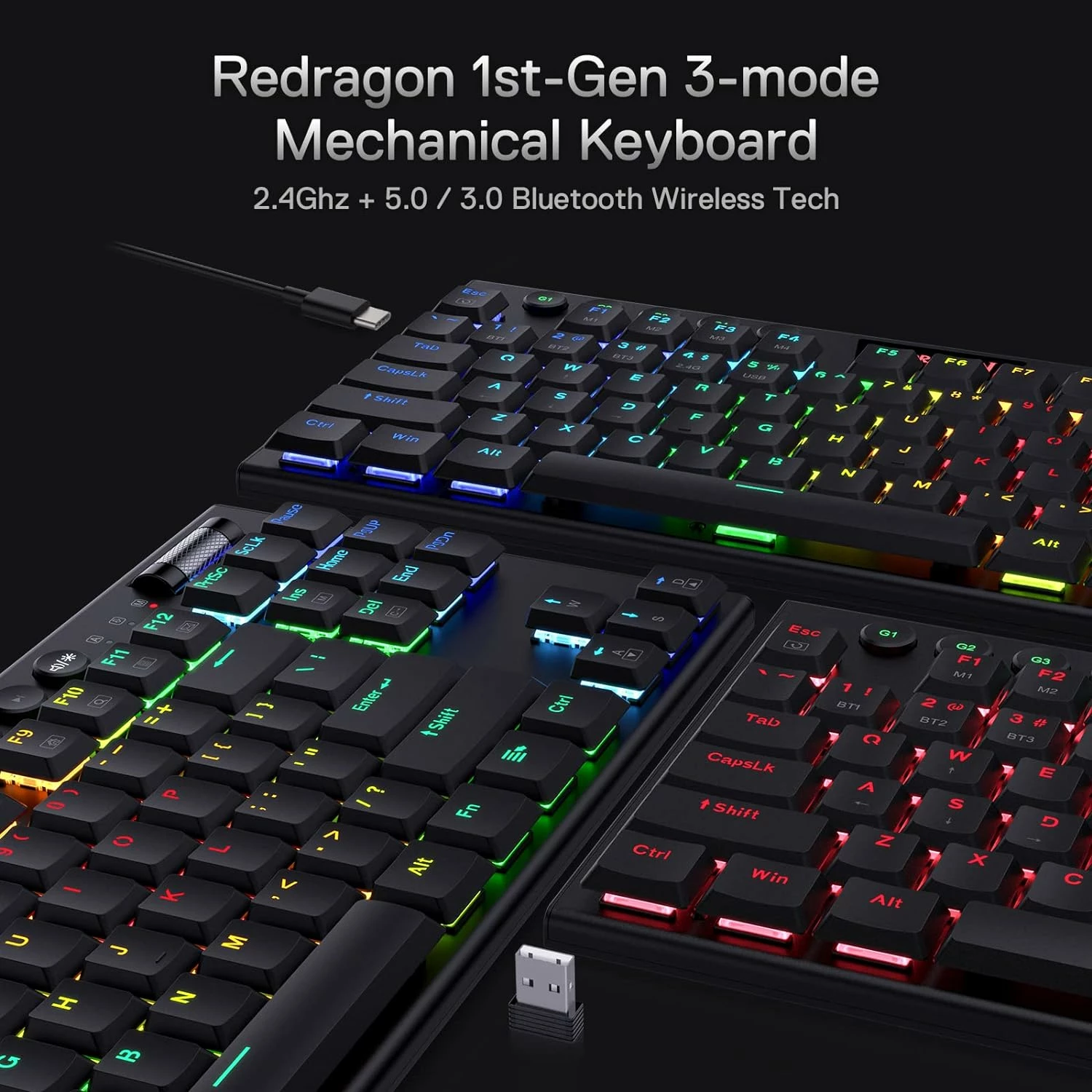 Tipkovnicë mekanike Redragon Horus TKL Pro K621RGB-PRO, tri-mode USB-C/2.4G/BT, Red switch, RGB, low-profile, 87 taste, e zezë