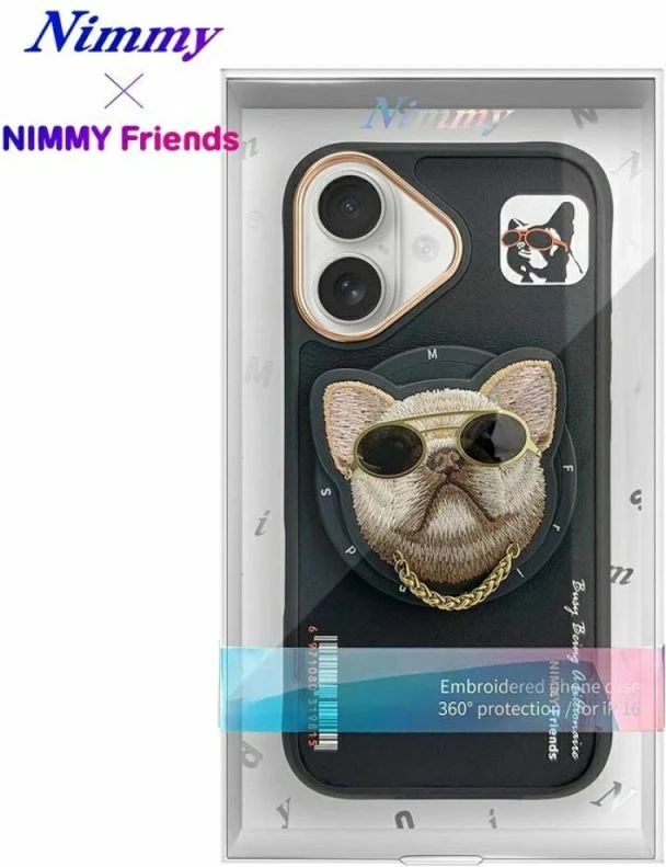 Kapak telefoni Nimmy Glasses Cool Dog MagSafe për iPhone 16, i zi
