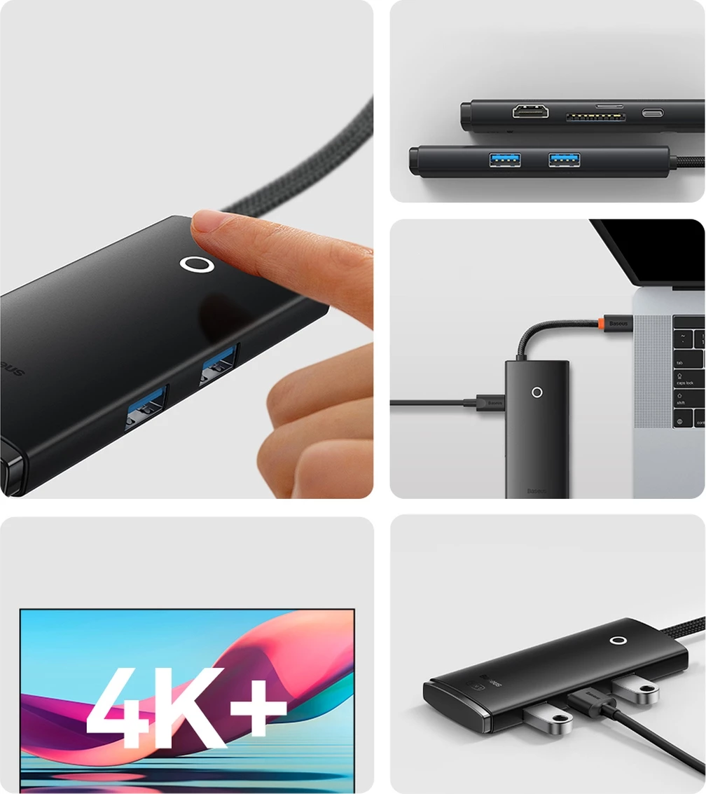 HUB multifunksional Baseus Lite Series WKQX050101, 2x USB 3.0, USB Type-C PD, HDMI 1.4, SD/TF, i zi