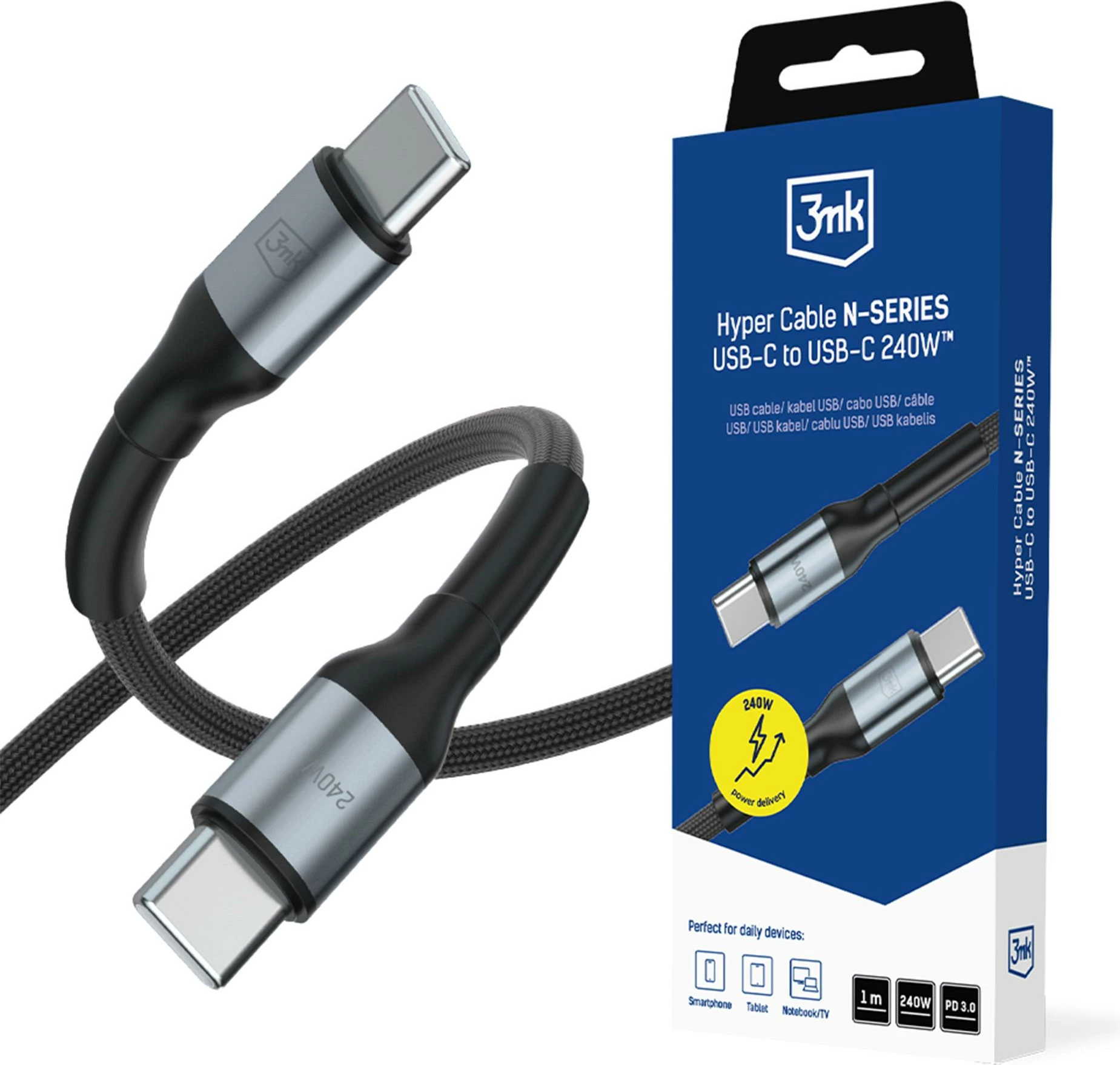 Kablë karikimi 3mk Hyper Cable N-SERIES USB-C/USB-C 1m 240W PD 3.0 QC 3.0, e zezë, paketim kuti