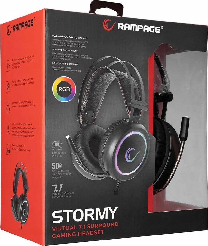 Kufje gaming Rampage Stormy 7.1, USB, me mikrofon, RGB, kabllo 2 m, të zeza