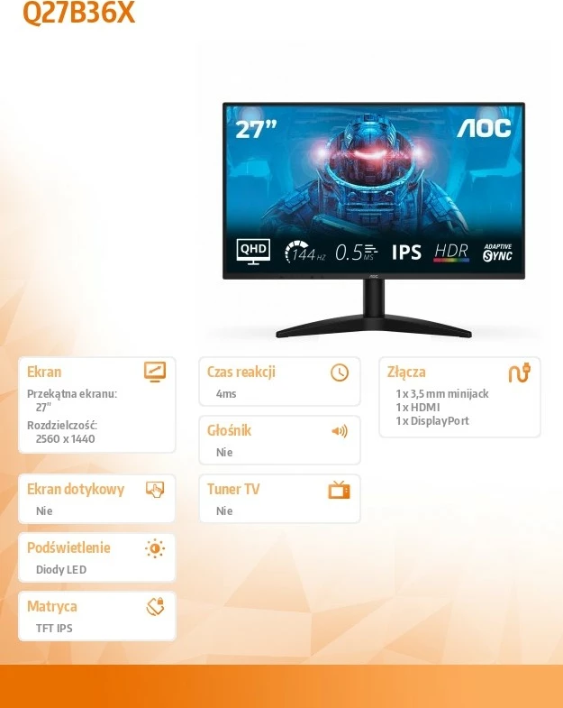 Monitor AOC Q27B36X 27" IPS QHD 144Hz HDMI DP HDR10 0.5ms i zi
