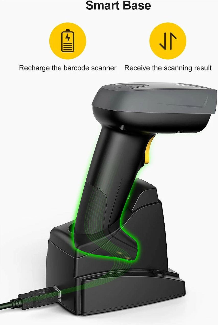 Skaner barkodi Inateck BCST-52, 1D/2D, Bluetooth/USB, me bazë karikimi, zi/hiri/verdhë