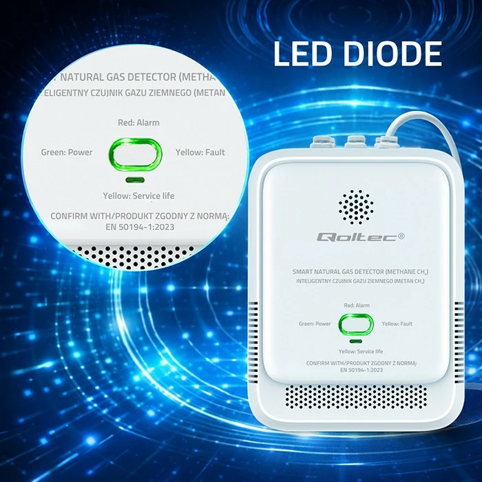 Sensor rrjedhje gazi natyror CH4 Qoltec 52650, alarm 85 dB, LED, AC 220-240V, i bardhë, set me vida