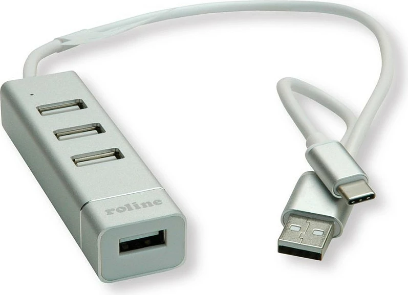 Hub USB ROLINE USB 2.0, 4 porta, kabëll Type-A/Type-C, argjend/bardhë