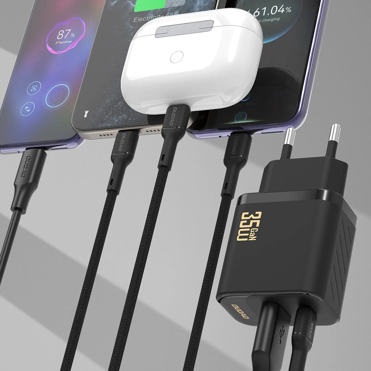 Karikues muri GaN, Dudao A27 MaxC, 35W, 2 porta (USB-C + USB-A), PD, prizë EU, pa kabllo, i zi