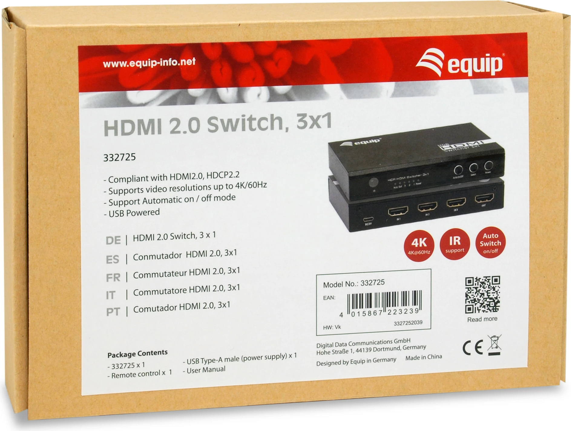 Switch HDMI EQUIP 332725, 3x1, 4K@60Hz, HDR, HDMI 2.0, alumini, i zi