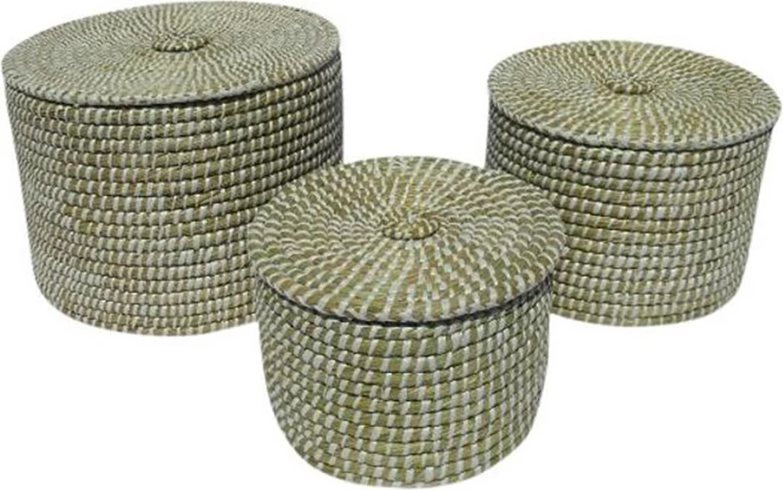 Set 3 kuti NILE me kapak, kansgrass natyral-bardhë, 35x35x25cm
