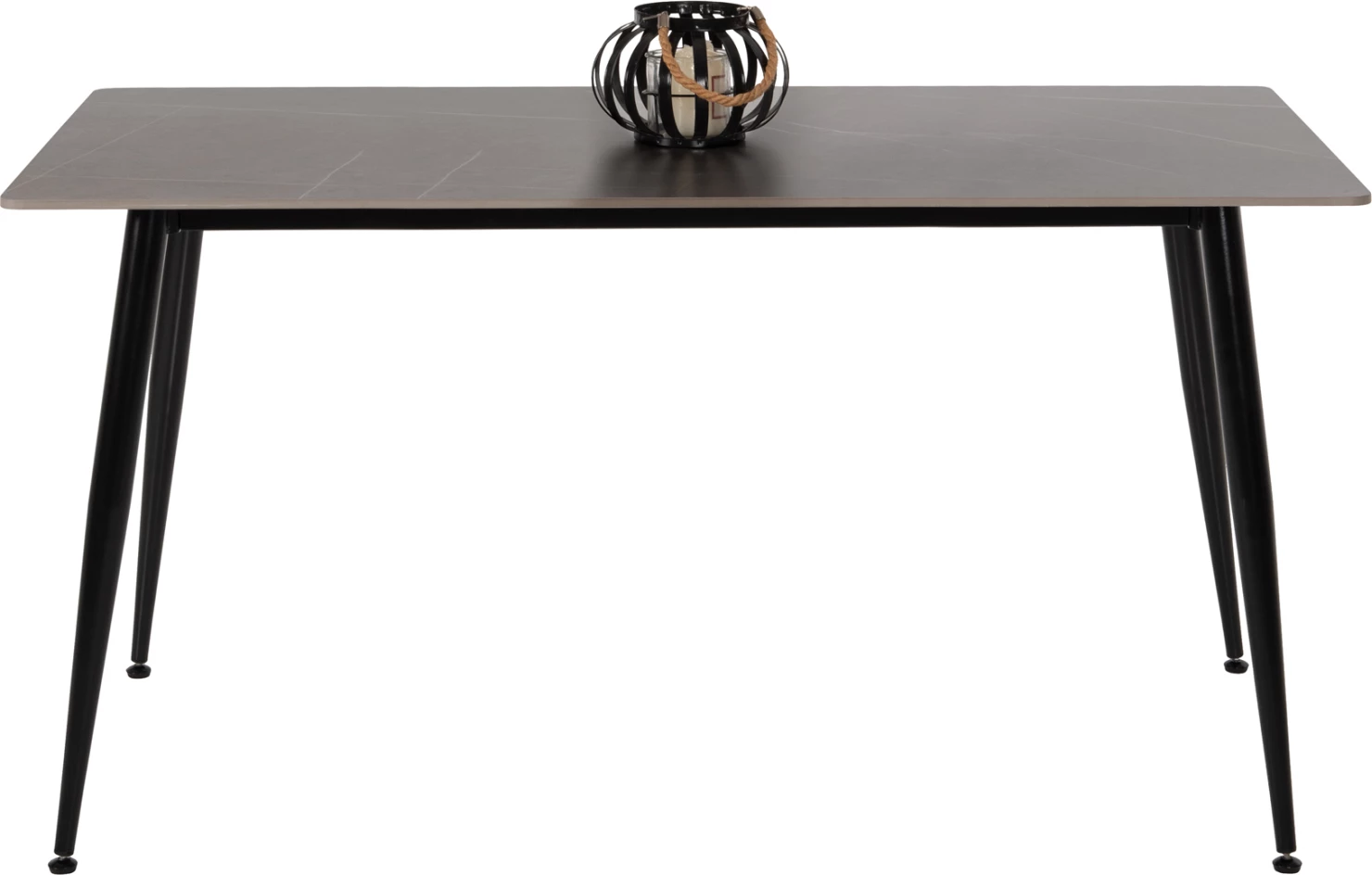 Tavolinë ngrënieje TOM, FH8588.01, sipërfaqe guri të sinteruar, pamje mermeri gri, këmbë metali të zeza, 160x90x76 cm