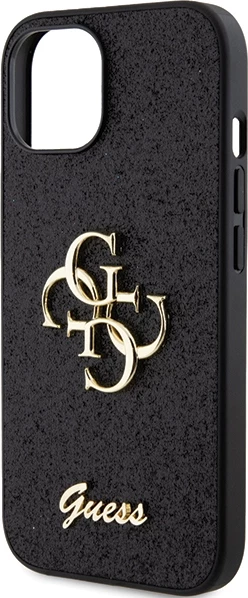 Mbështjellës Guess Glitter Script Big 4G për iPhone 15, i zi