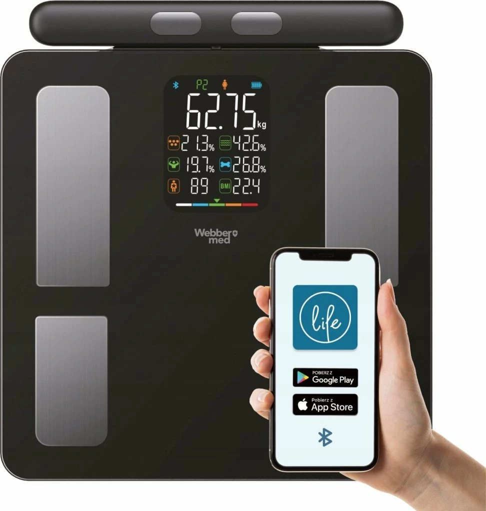 Peshore banjoje analitike Webber Med Bluetooth 5.0, 15 parametra, 180 kg, LCD, xham i kalitur, e zezë