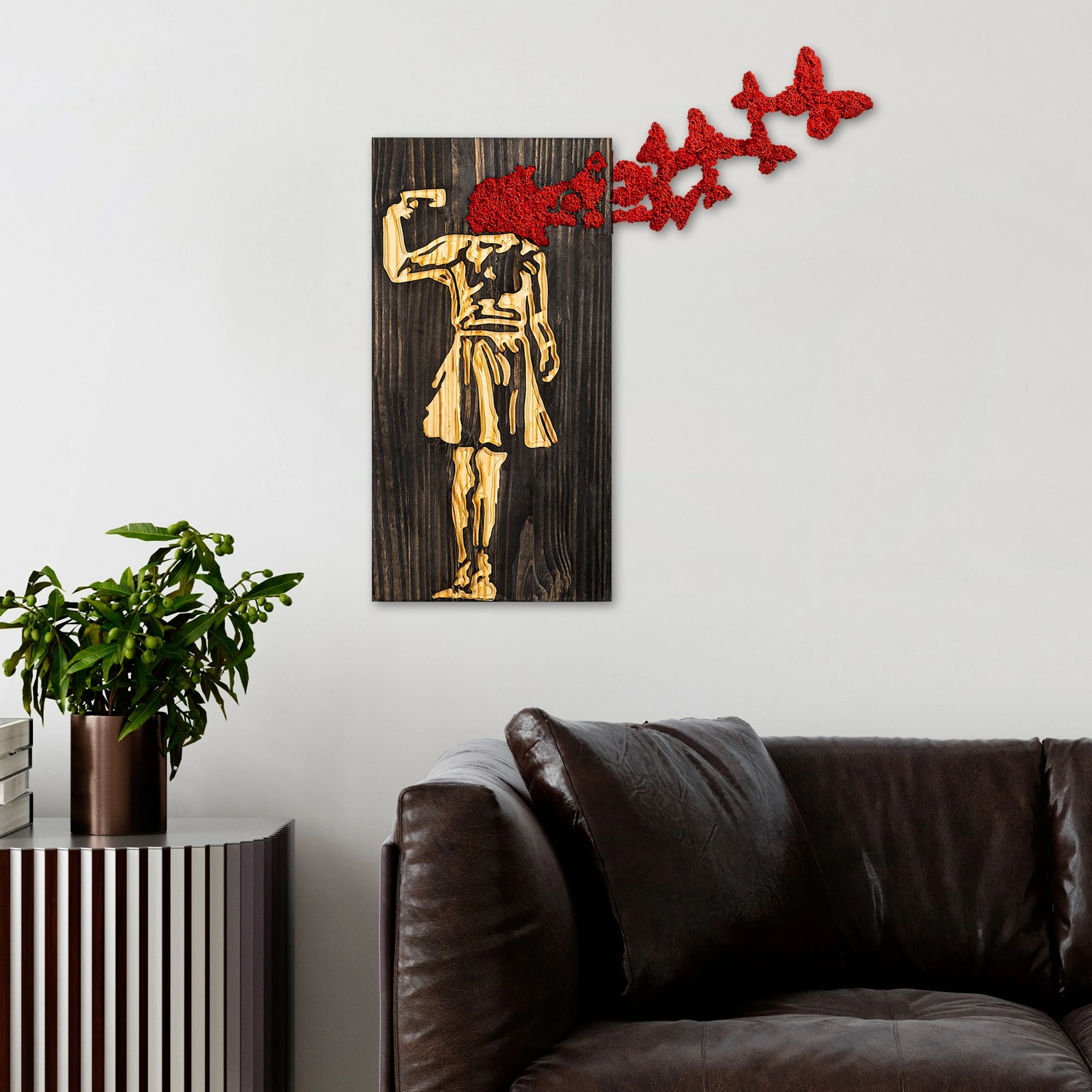Aksesor dekorativ muri prej druri, Wallity Banksy, ngjyrë arre, kafe, e kuqe, 62x70cm
