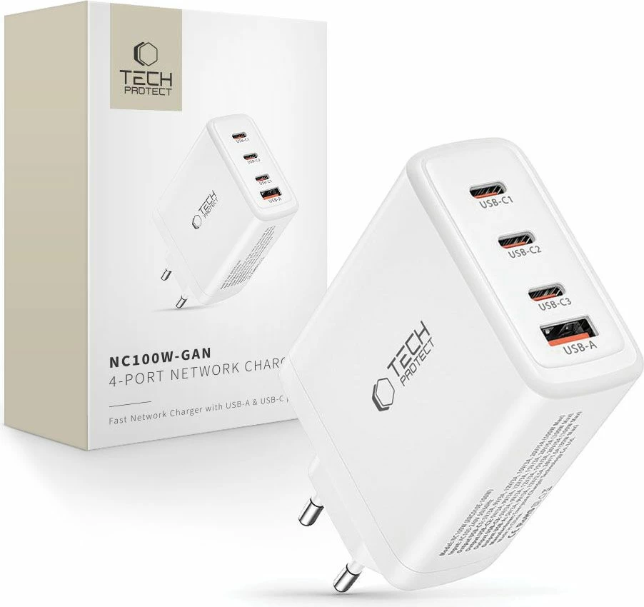 karikues rrjeti Tech-Protect NC100W-GAN GaN 100W, 3x USB-C PD + 1x USB-A QC 3.0, e bardhë, 1 copë