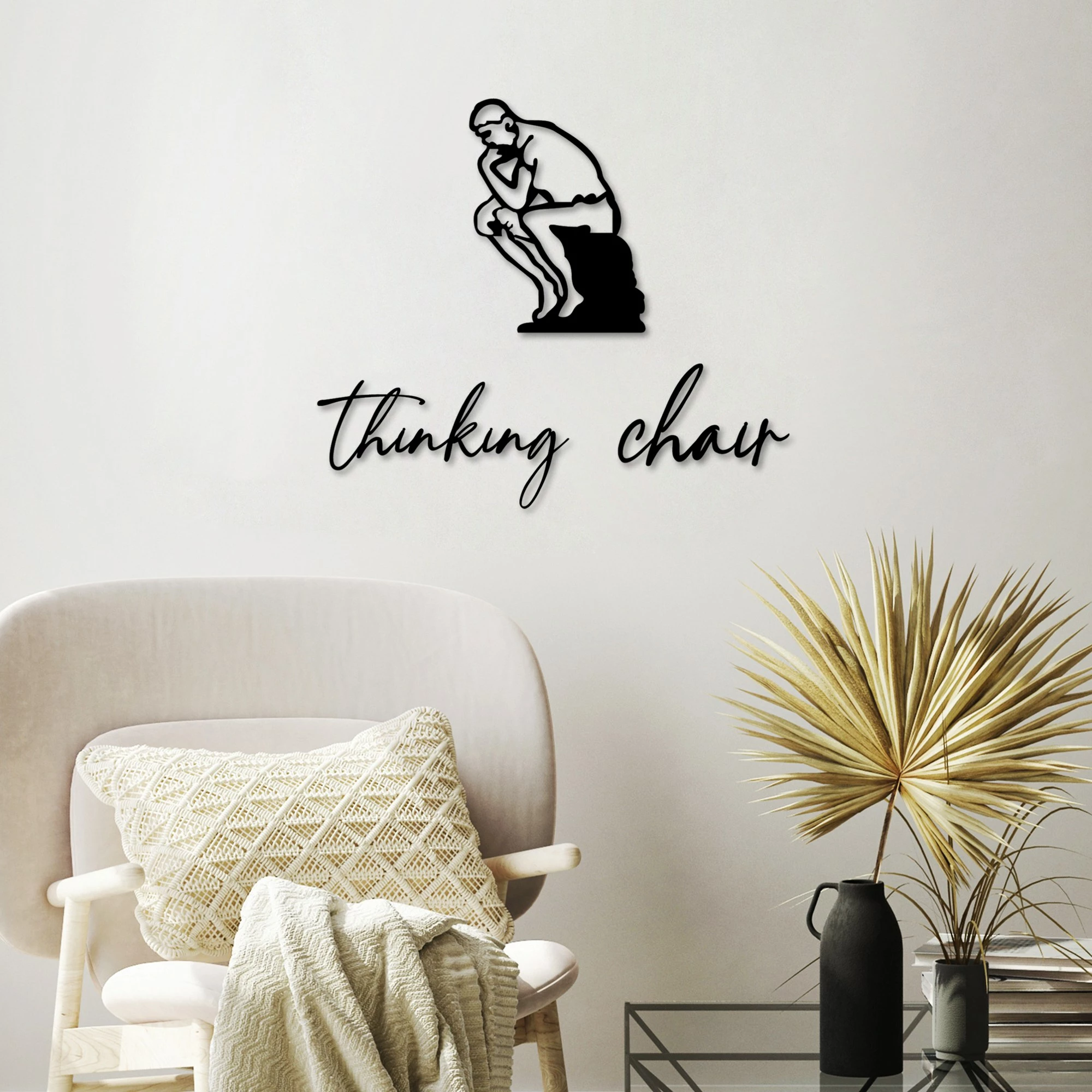 Aksesor dekorativ metalik për mur, Thinking Chair, ngjyrë e zezë, set prej 3 pjesësh