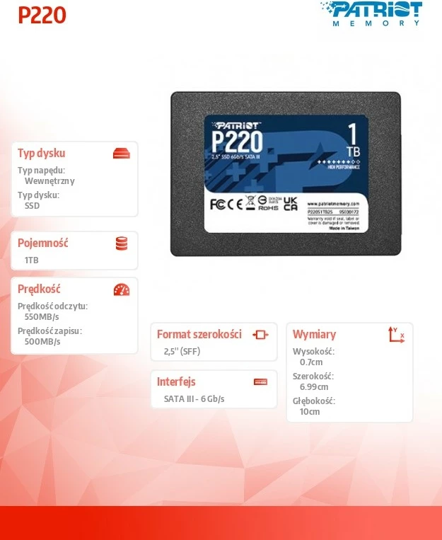 SSD Patriot P220 1TB, 2.5", SATA III