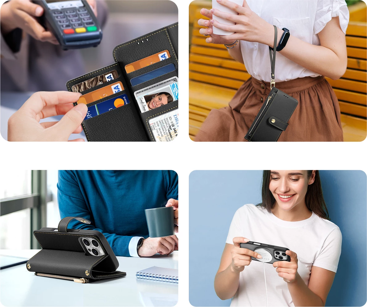 Mbështjellës Dux Ducis Lawa për iPhone 16 Pro Max, lëkurë, me portofol magnetik, i zi