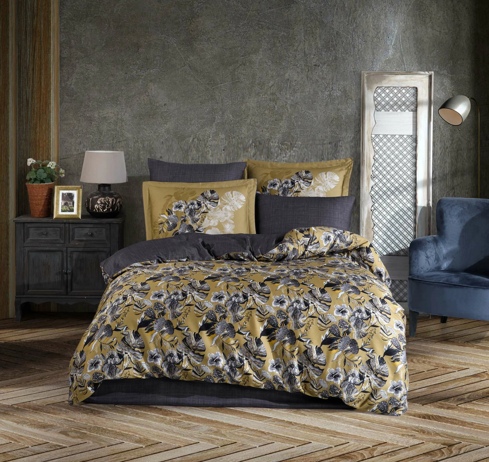 Set mbulesash për jorgan dopio, Tencel Satin, ngjyrë ari dhe antracit, L'essentiel, Natali