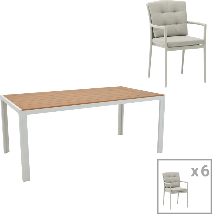 Tavolinë me karrige Nares-Moritz A, 7 copë,, alumin dhe dru, ngjyrë natyrale, 180x90x72.5cm