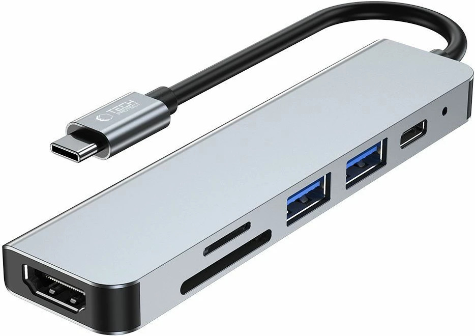 HUB Tech-Protect V4 6-në-1, USB-C, USB-A 3.0/2.0, HDMI, microSD/SD, Gri