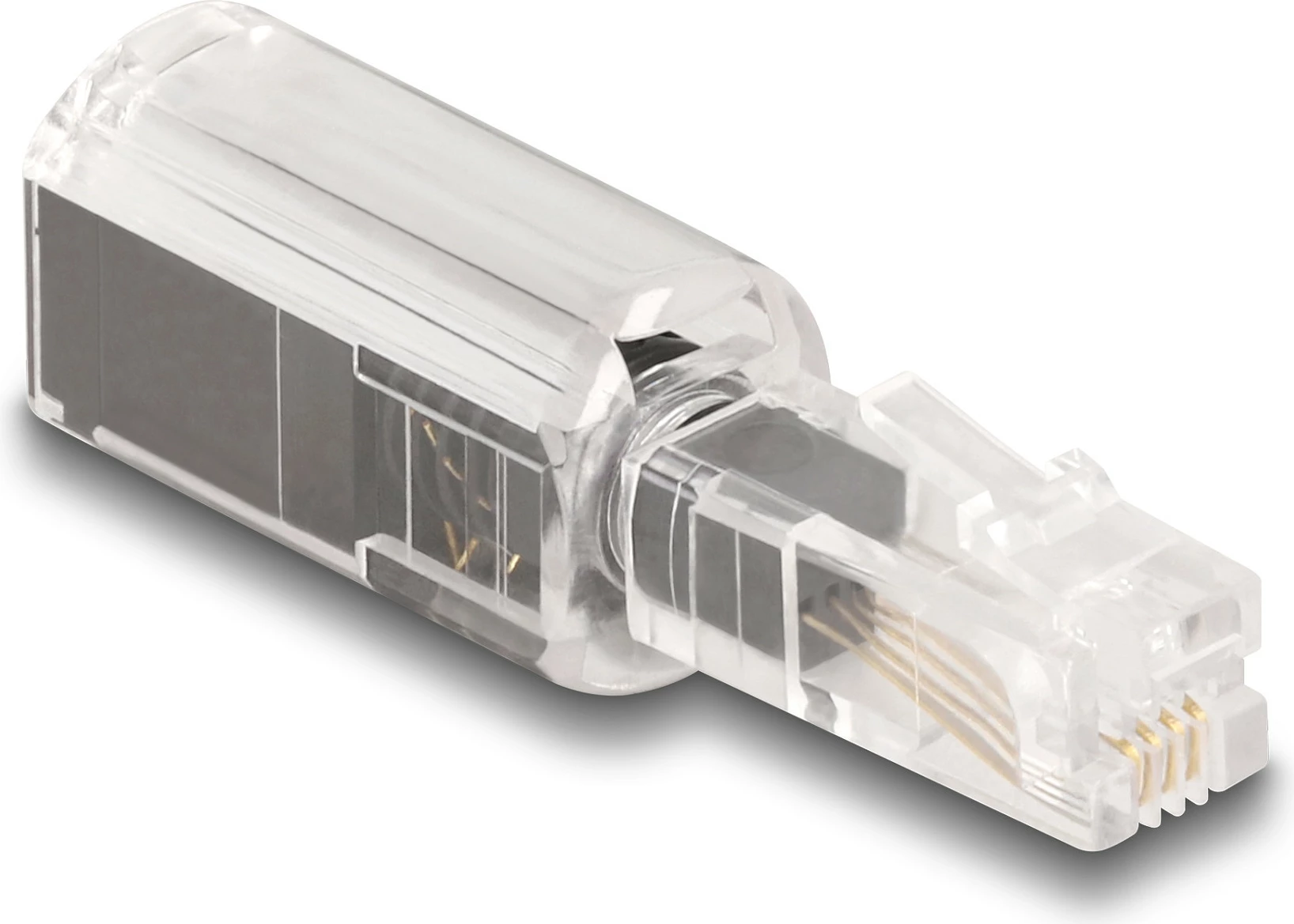 Adapter kundër përdredhjes për kabllo telefoni DeLOCK, RJ10 mashkull në RJ10 femër, transparent/zi