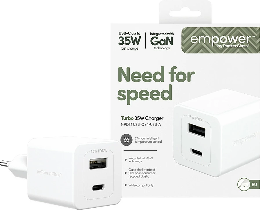 Karikues PanzerGlass empower Turbo 35W, USB-C + USB-A, EU Plug, i bardhë
