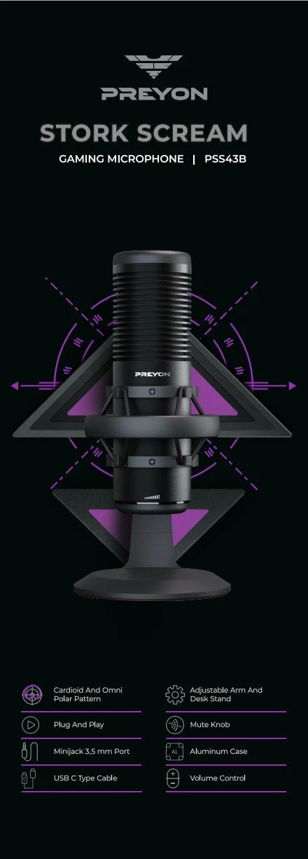 Mikrofon PREYON Stork Scream PSS43B, USB, cardioid/omnidirectional, me krah montimi, i zi, set