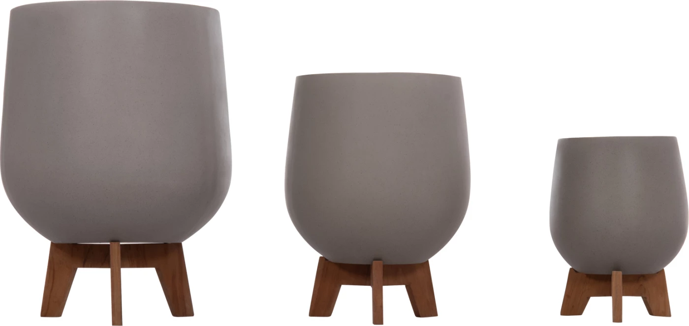 Set 3 vazo me bazë teak TRYLL FH4681.03, fibër-cement, ngjyrë gri