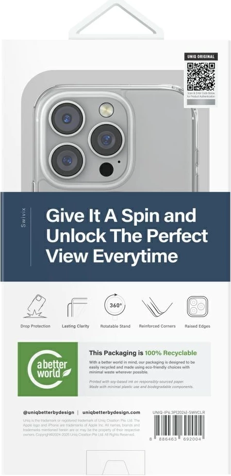 Mbështjellës UNIQ Swivix 360 me këmbë rrotulluese për iPhone 16 Pro, Transparent