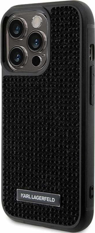 Mbrojtëse telefoni Karl Lagerfeld Rhinestone Logo Metal Plate për iPhone 15 Pro, e zezë