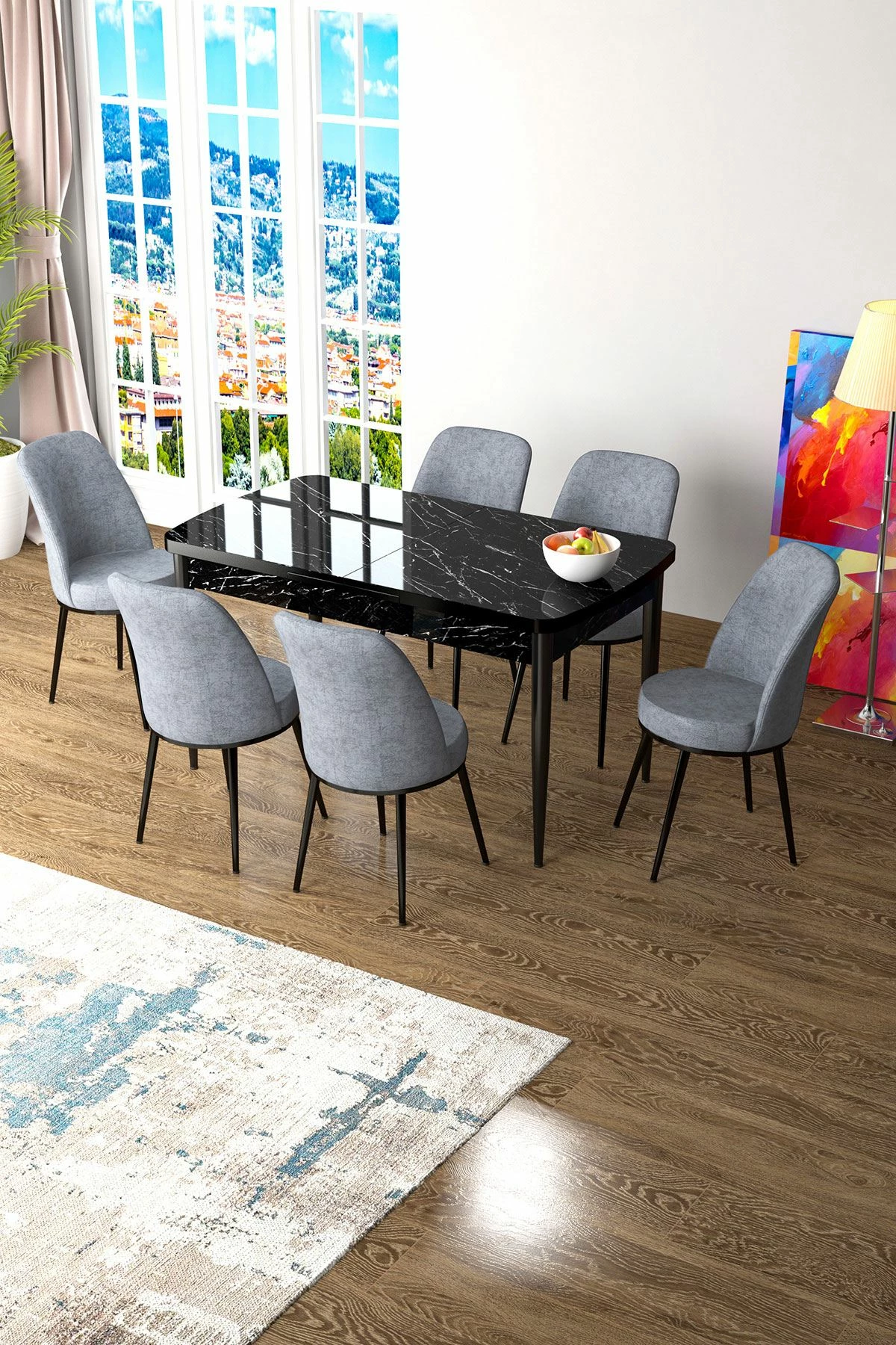 Set tavoline me karrige për ngrënie, zgjatues, Skye Decor, mermer i zi, gri, 7 copë