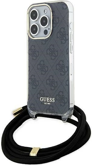 Mbështjellës Guess Crossbody Cord 4G Print për iPhone 15 Pro, zi