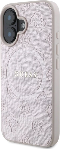 Mbështjellës Guess Saffiano Peony Classic Logo MagSafe për iPhone 16, Rozë