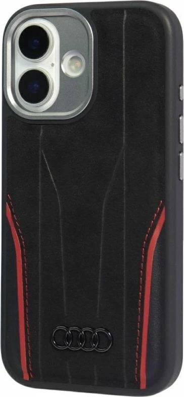 Kapak telefoni Audi R8 Genuine Leather për iPhone 17, zi e kuqe