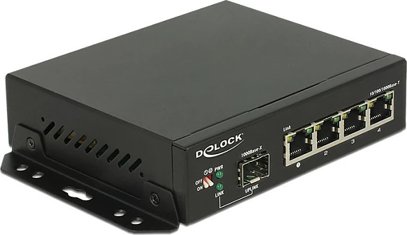 Switch rrjeti DeLOCK 87704, 4x Gigabit RJ-45 + 1x SFP, montim në mur, i zi