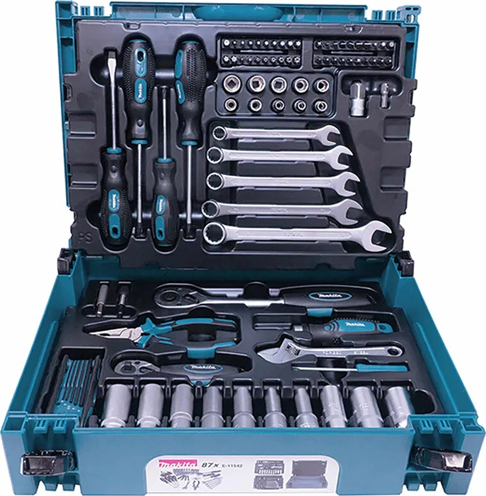 Set veglash Makita E-11542, 87 copë, valixhe plastike, turkeze/blu