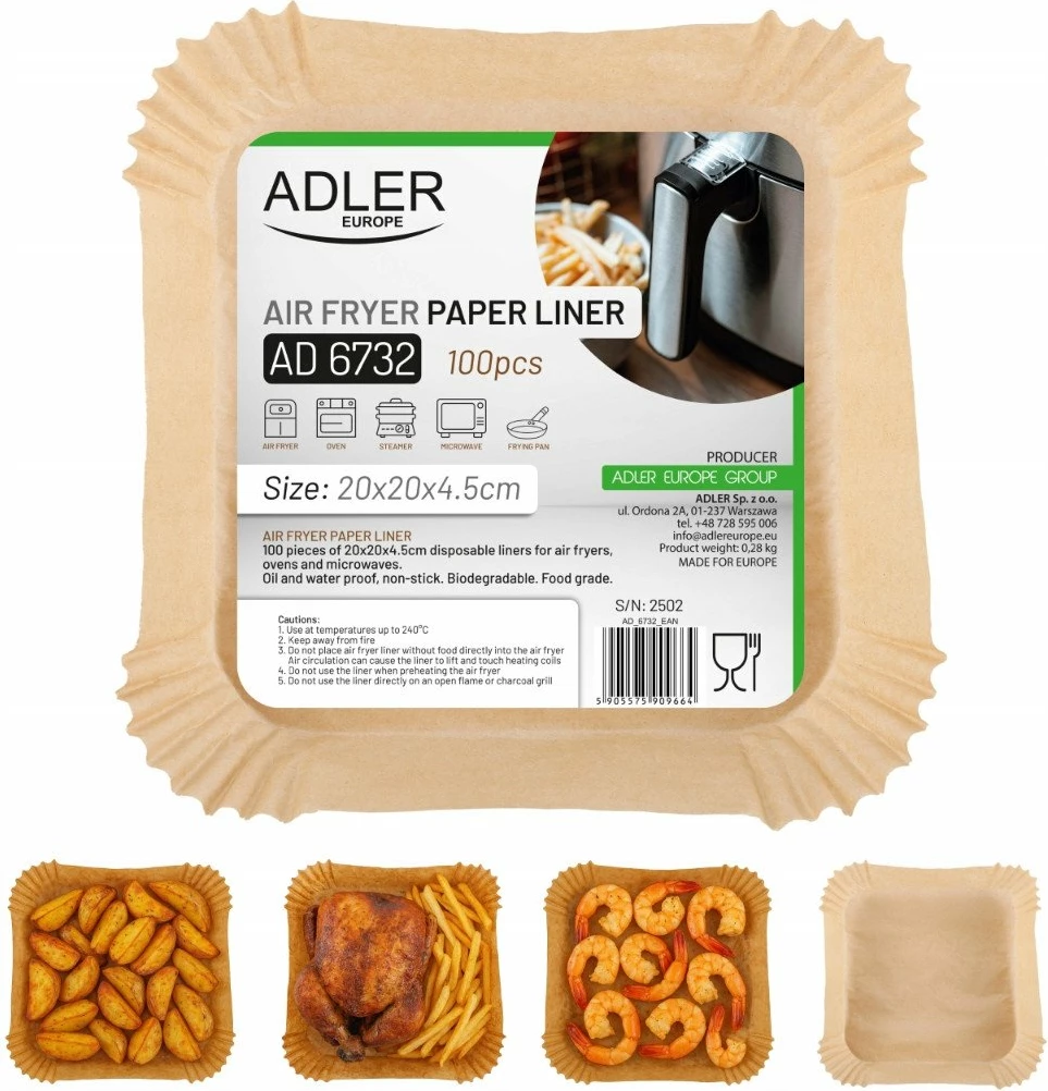 Insertë letre për air fryer Adler AD6732 20x20 cm, 100 copë, kafe