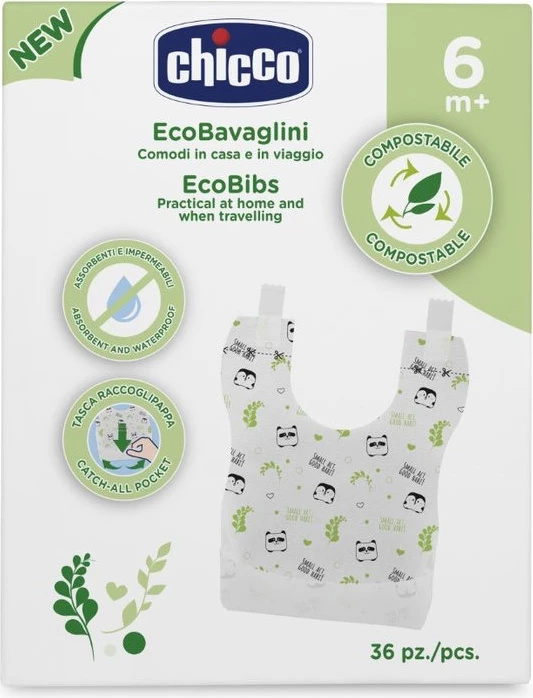 Përparëse të biodegradueshme për fëmijë Chicco, 36 copë