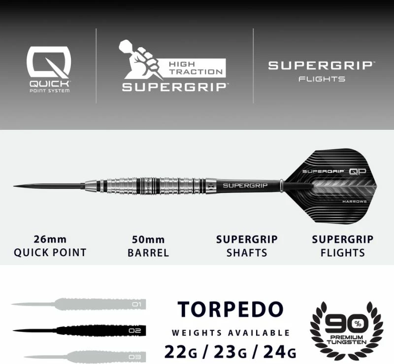 Shigjeta steeltip Harrows Supergrip QP Torpedo 90%, set