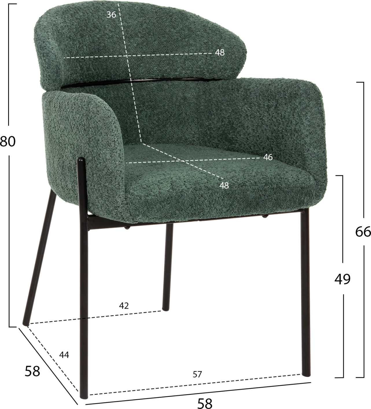 Karrige me krahë WOLF, pëlhurë boucle jeshile petrol, këmbë metalike të zeza, 58x58x80H cm., set prej 2 copë