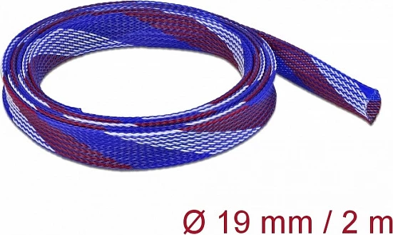 Mbështjellës gërshetor për kabllo DeLOCK, 2 m, Ø19 mm, poliester, -50–150°C, blu/kuqe/bardhë