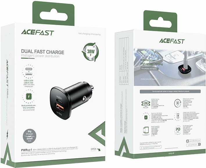 Karikues makine, Acefast, B1, 38W, USB-C + USB, PD 20W, QC 3.0, PPS, 2 porta, i zi