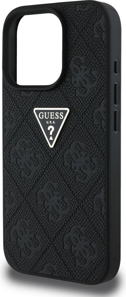 Mbështjellës Guess Hot Stamp 4G Pattern Triangle Metal Logo për iPhone 16 Pro Max, i zi