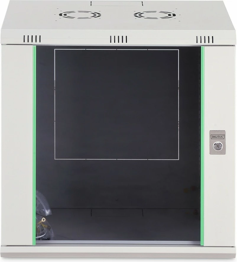 kabinet rrjeti muror Digitus DN-37108 Dynamic 19" 12U, 607×600×450 mm, x4 shina të rregullueshme, derë xhami, IP20, ngarkesë 60 kg, gri