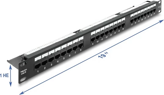 Patch panel DeLOCK 19" 1U, 24-port Cat6, RJ-45, me LED, i zi