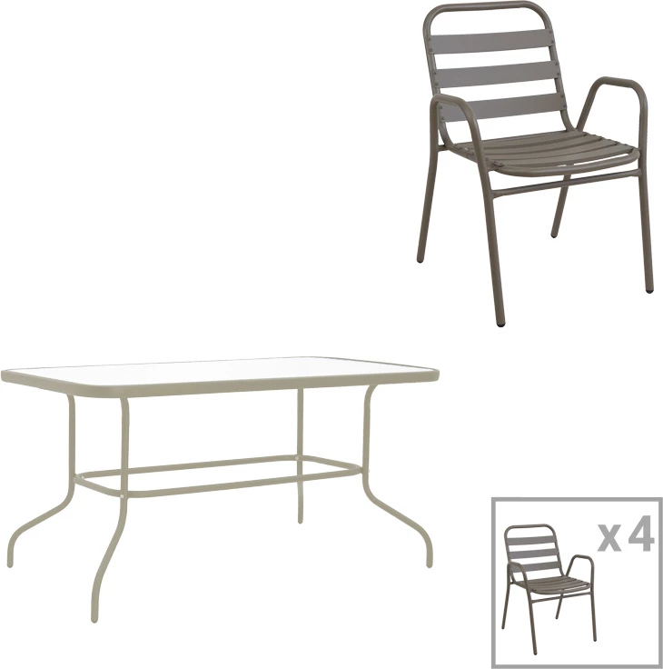 Tavolinë me karrige për terasë Valor-Sussie, set 5 copë, metal, ngjyrë shampanje, 110x60x70cm